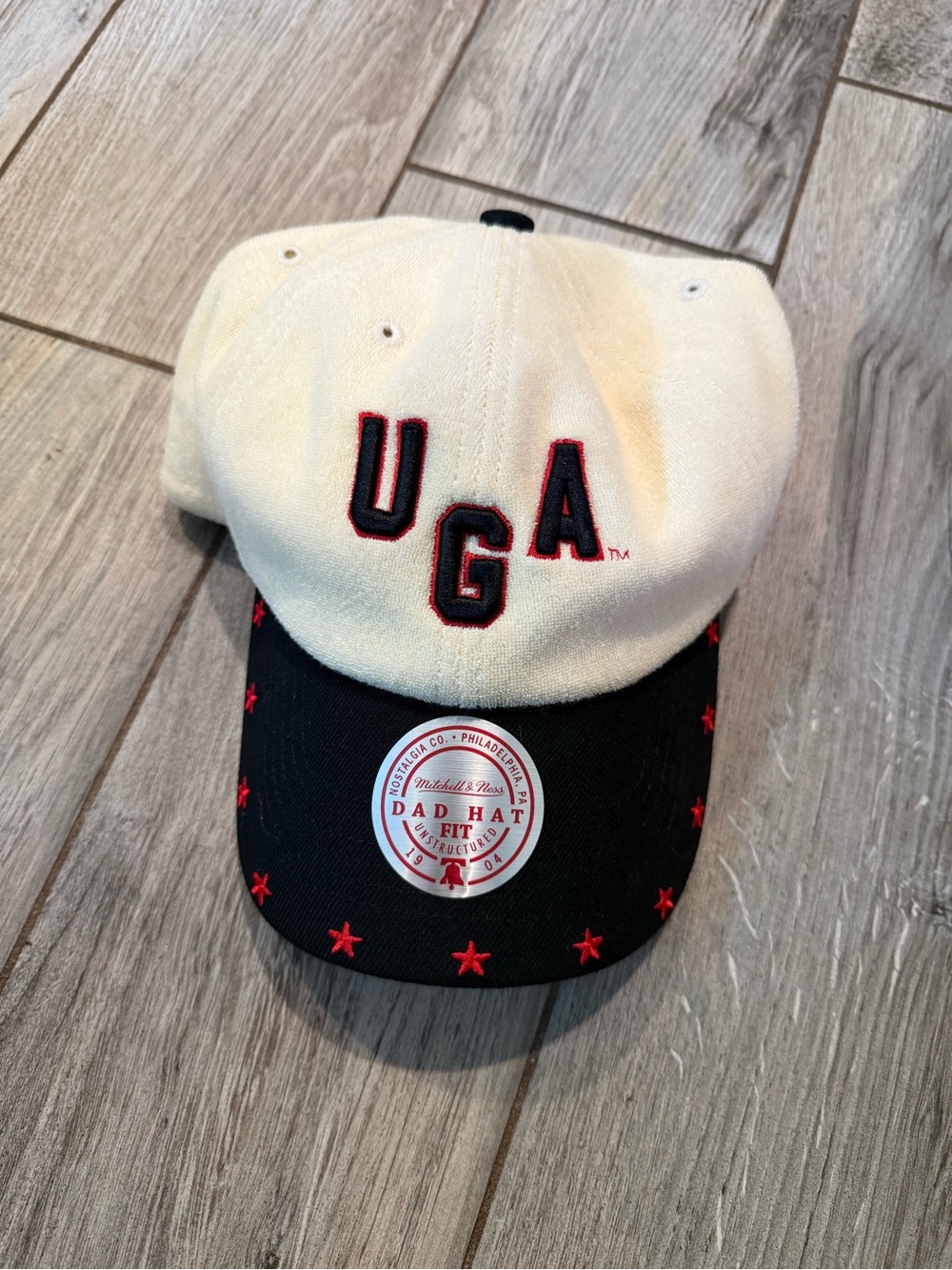 Mitchell & Ness White and Black UGA Dad Hat with Red Accents